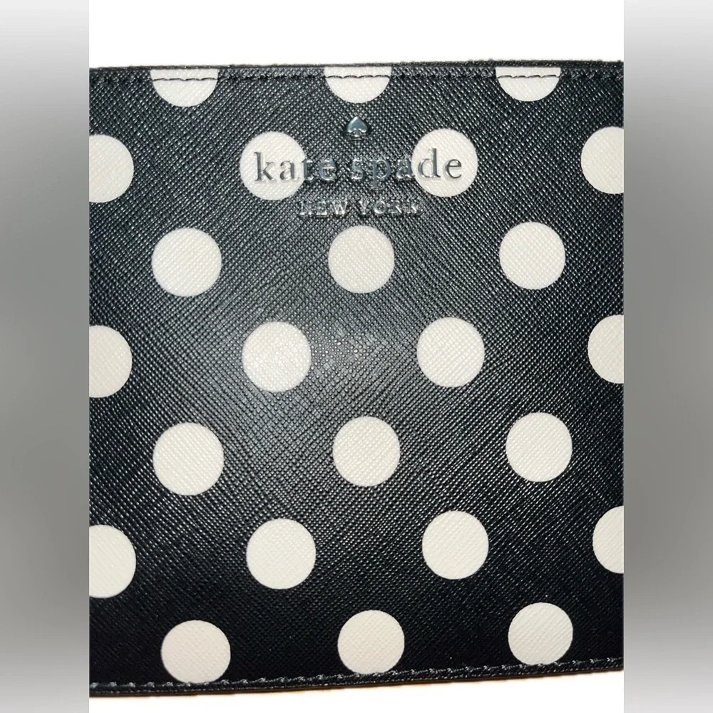 Kate Spade New York Medium L-Zip Wristlet Saffiano Leather Polka Dot Black, NWOT